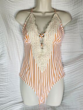 Cupshe XL One-Piece Swimsuit Orange/White Vertical Stripe With Crochet Detail